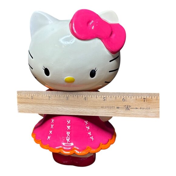 HELLO KITTY Ceramic Coin Piggy Bank 9" Pink Bow Orange Dress /1976/2012 SANRIO - Picture 12 of 13